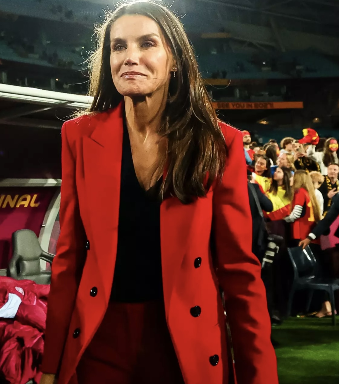 Queen Letizias Scarlet Hugo Boss Power Suit Impresses at Spain World Cup Victory